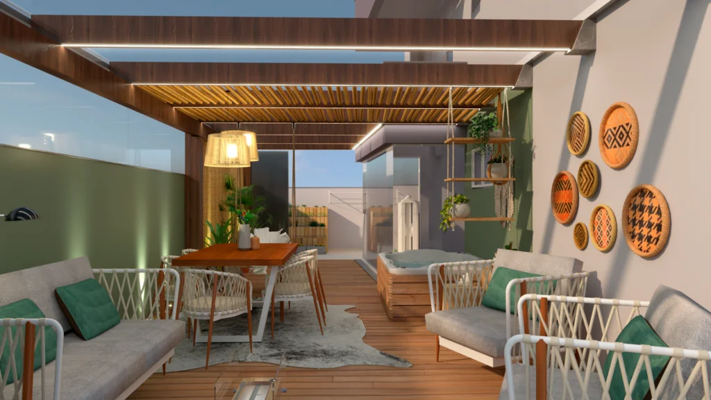 pergolado de madeira em apartamento