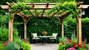 pergolado de madeira com plantas